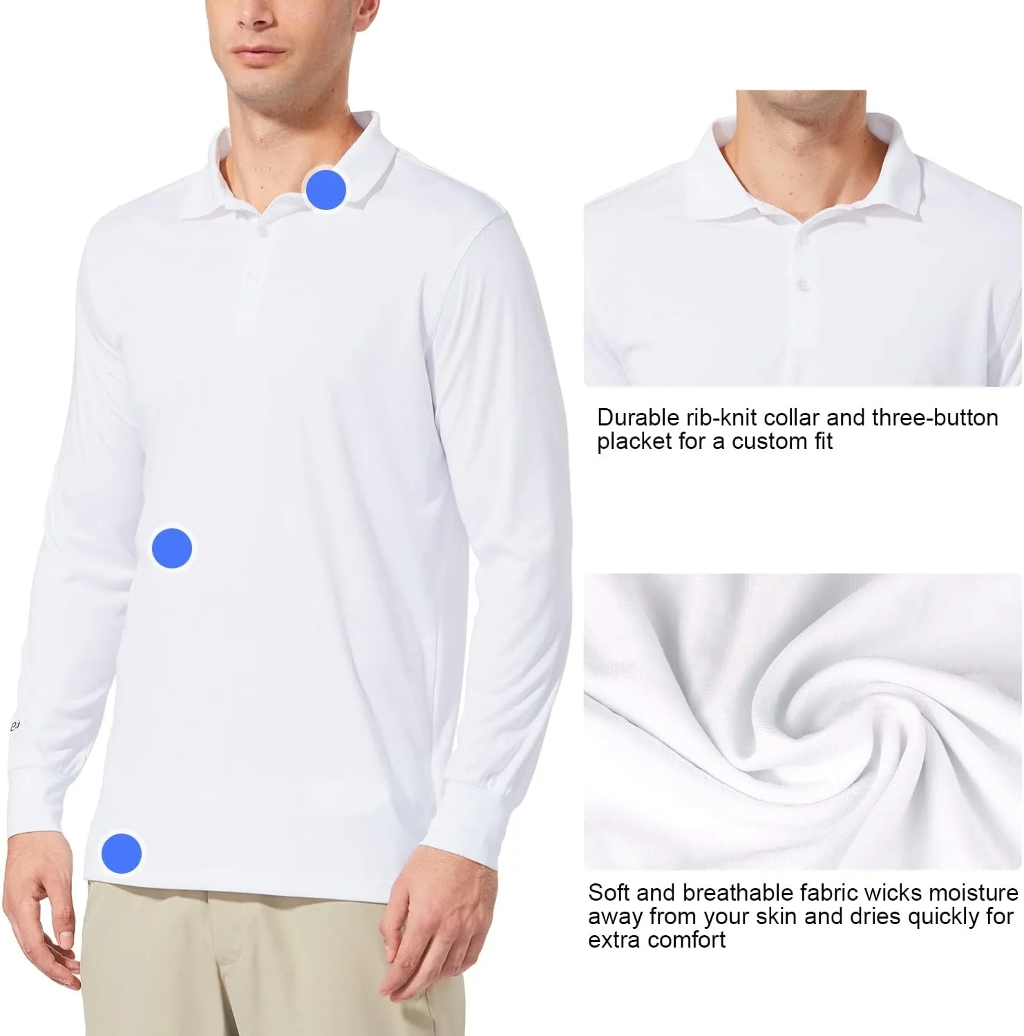 baleaf Men's Long Sleeve Golf Polo Shirt UPF 50 Quick Dry 3 Button Casual Work Outdoor Lightweight Performance Shirts