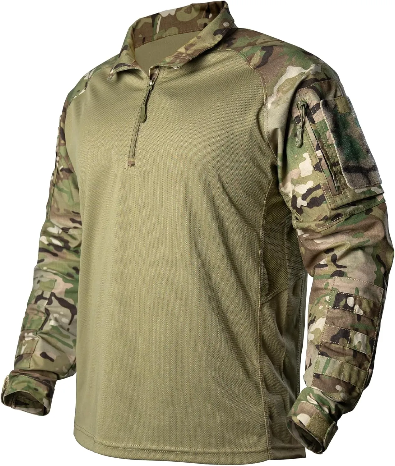 Mens Tactical Shirts CAMO Shirts with Long Sleeve 1/4 Zip Quick Dry BDU Shirts with Elbow Pads Airsoft