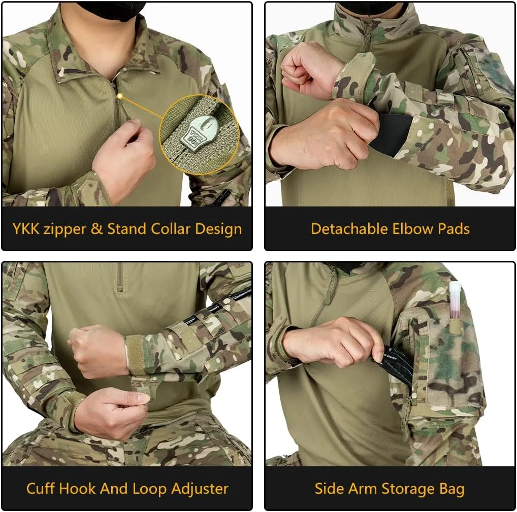Mens Tactical Shirts CAMO Shirts with Long Sleeve 1/4 Zip Quick Dry BDU Shirts with Elbow Pads Airsoft