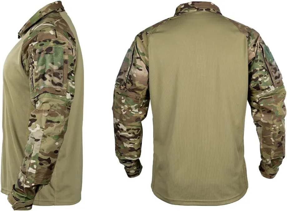 Mens Tactical Shirts CAMO Shirts with Long Sleeve 1/4 Zip Quick Dry BDU Shirts with Elbow Pads Airsoft