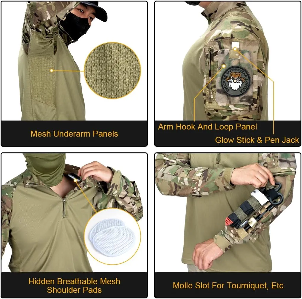 Mens Tactical Shirts CAMO Shirts with Long Sleeve 1/4 Zip Quick Dry BDU Shirts with Elbow Pads Airsoft
