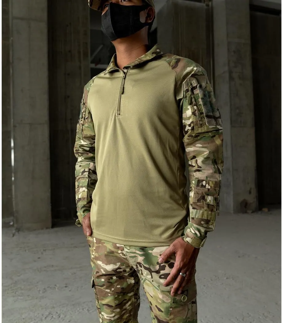 Mens Tactical Shirts CAMO Shirts with Long Sleeve 1/4 Zip Quick Dry BDU Shirts with Elbow Pads Airsoft
